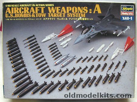 Hasegawa 1/48 1/48 Scale Aircraft Weapons A - Mk 81 Bomb / Mk 82 / Mk.82 With Fuse Extender / Mk82 Skakeye / Mk83 / Mk84 / M117 / BLU-27 Napalm / SUU-30 / Mk20 Rockeye / SUU-20 Dispenser / Multiple Ejector Rack / Triple Ejector Rack / A/A37U Tow Target System / TDU-10B, 1 plastic model kit